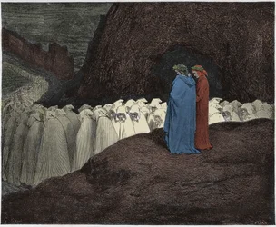 Inferno, 23. Gesang: Die Heuchler sprechen Dante an, Illustration aus der Göttlichen Komödie von Dante Alighieri, 1885